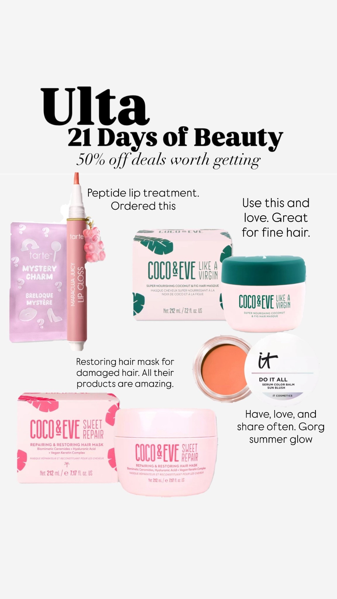 Ulta 50% 21 days of beauty worth getting 

#LTKSpringSale #LTKdayinmylife #LTKBeauty