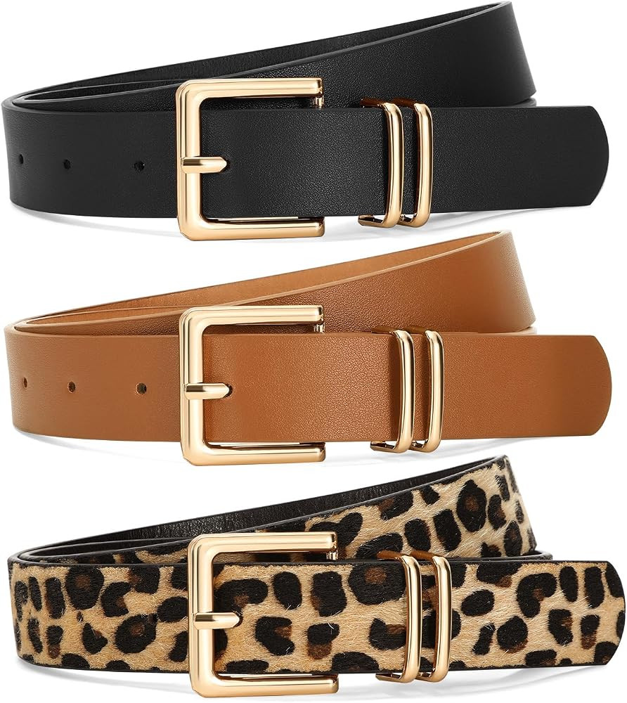 3 PACK Women Leather Belts for Jeans Pants Dresses Fashion Ladies Waist Belt with Gold Square Buc... | Amazon (US)