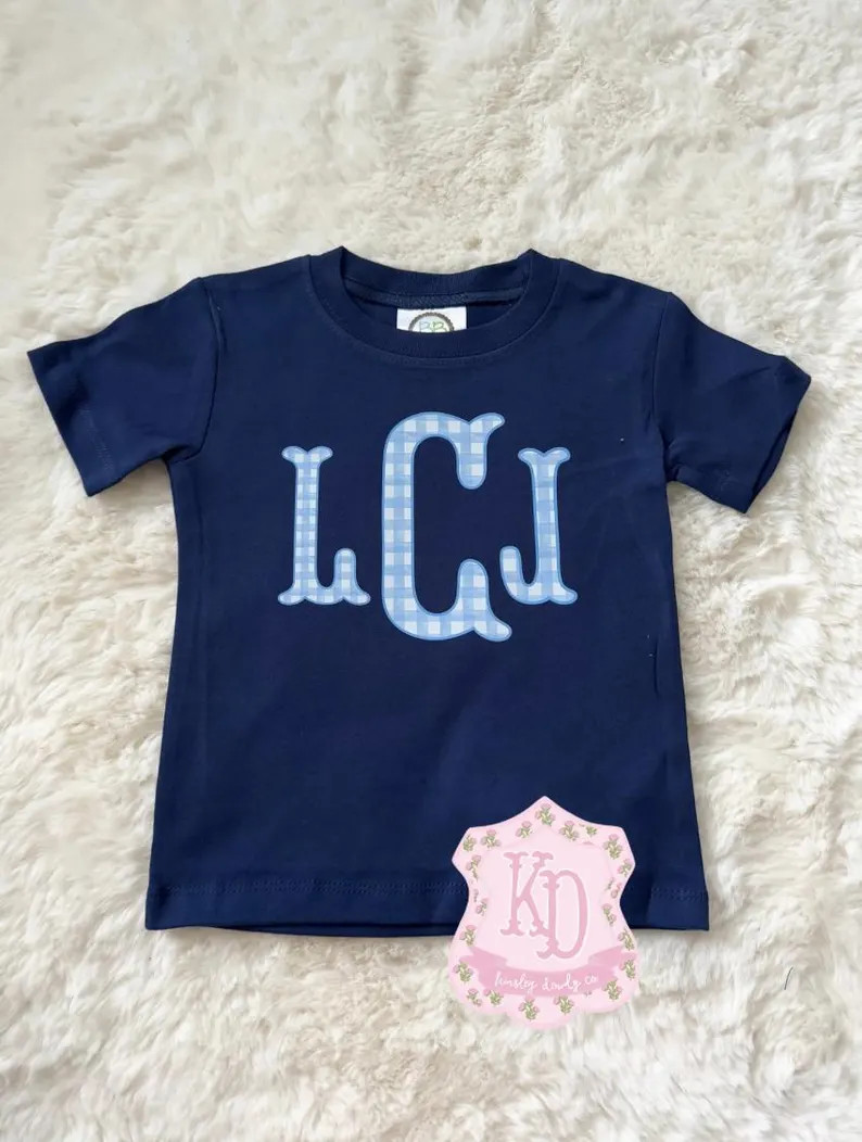 Custom Monogrammed Fishtail Boys Tee, Toddler Blue Gingham Personalized Baby Preppy Custom Kids C... | Etsy (Global)