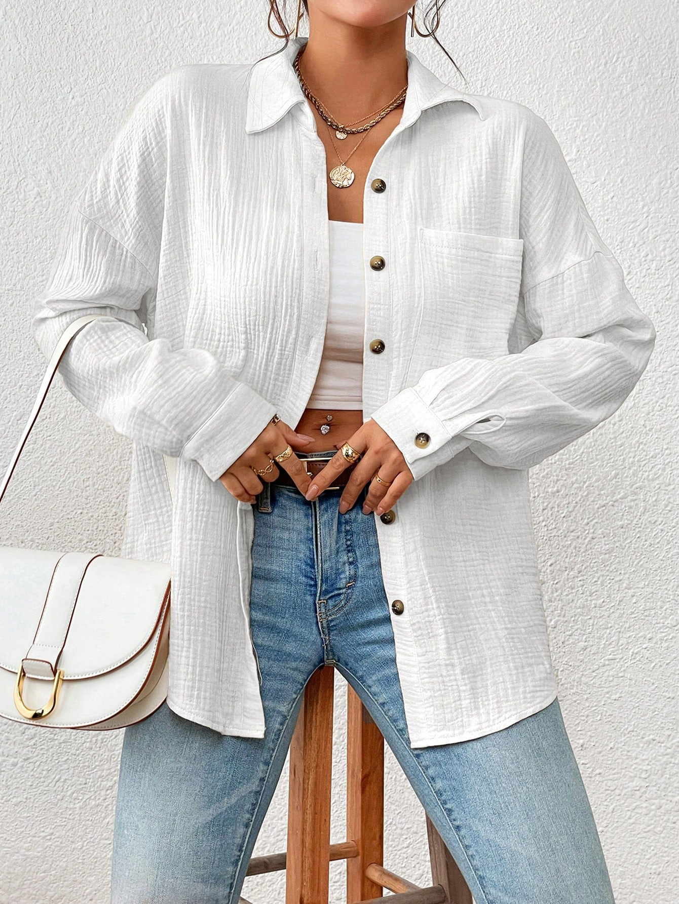 SHEIN Essnce Drop Shoulder Pocket Patched Button Front Shirt | SHEIN