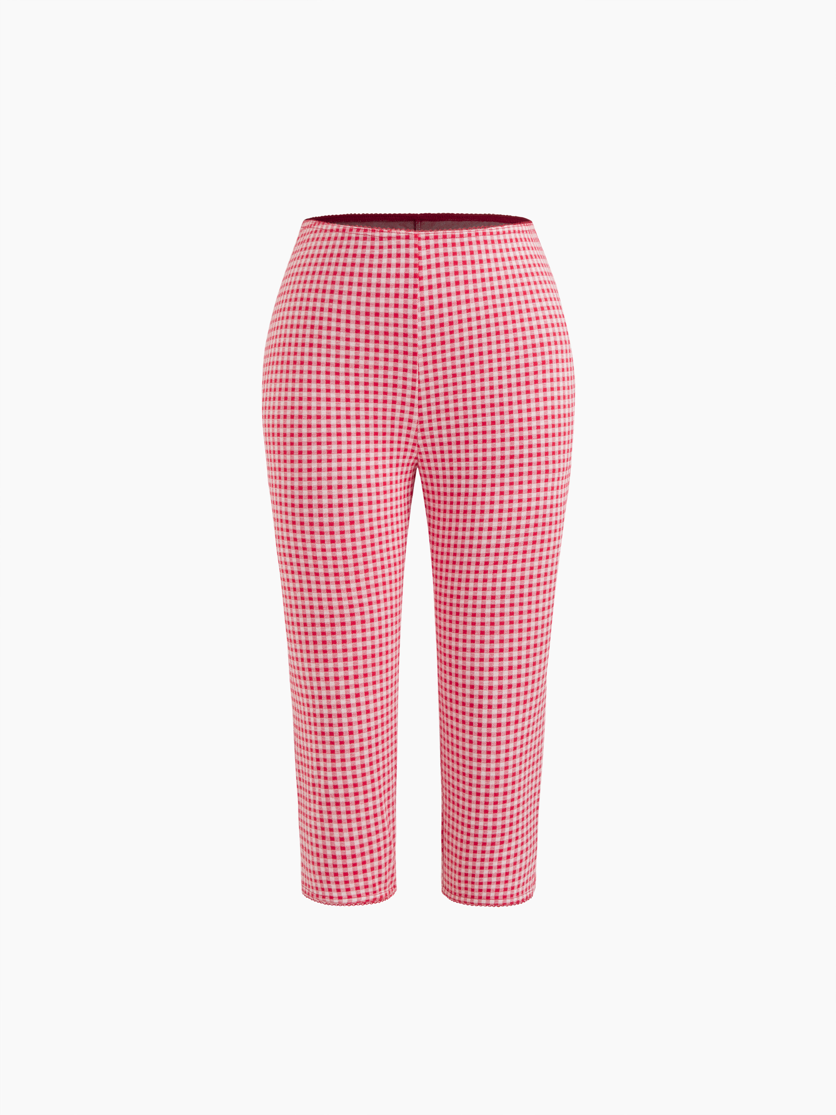 Knit Fabric Mid Rise Gingham Ruched Capri Leggings For Daily Casual | Cider