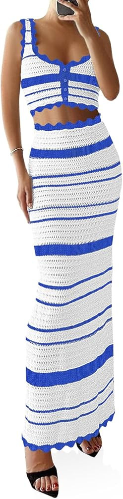 Saodimallsu Womens 2 Piece Sets Summer Striped Crochet Knit Coverup Sleeveless Button Crop Tank T... | Amazon (US)