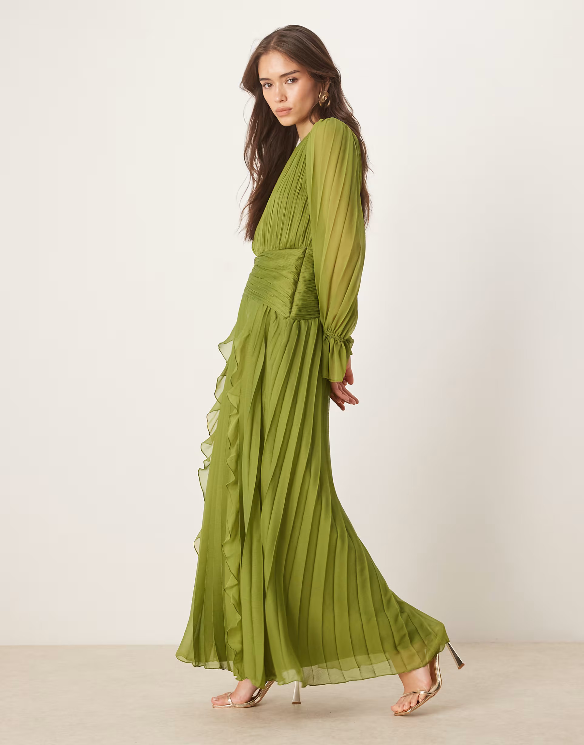 ASOS DESIGN high neck ruched belt detail maxi dress in olive green | ASOS (Global)