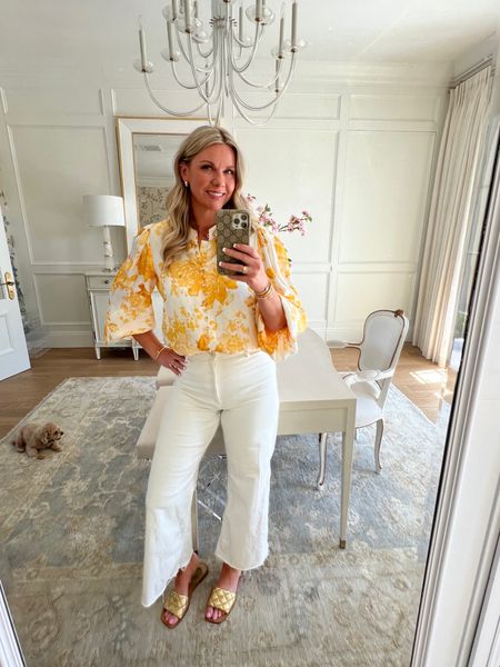 Zimmermann style top on sale spring outfit white flare crop jeans gold sandals

#LTKsalealert #LTKfindsunder100 #LTKstyletip