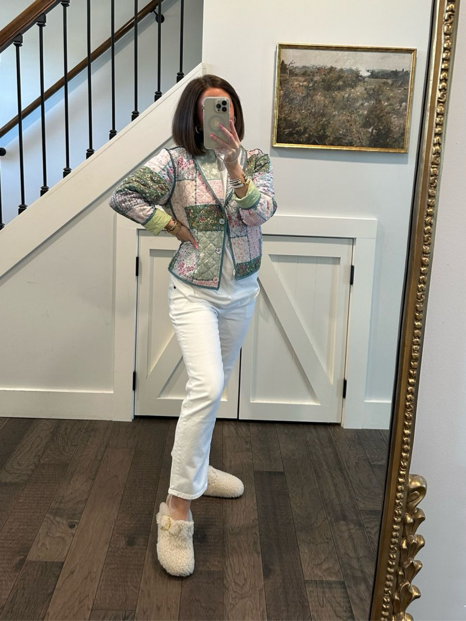 Anthropologie quilted jacket (tts,xxs) Anine Bing white tee (sized up to s) Abercrombie maternity jeans (tts, 25) Birkenstock sherpa slides (sized up to a 38)

#LTKBump #LTKSeasonal #LTKStyleTip
