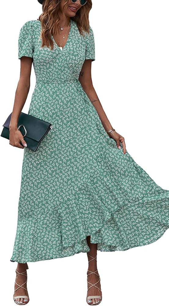PRETTYGARDEN Women's Summer Wrap Maxi Dress Casual Boho Floral V Neck Short Sleeve Ruffle Hem Spl... | Amazon (US)
