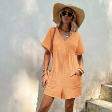 Women's Solid V-Neck Batwing Short Sleeve Jumpsuit With Pockets, Summer | SHEIN
