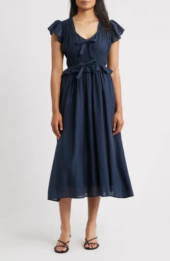 MOON RIVER Shirred Midi Dress in Navy at Nordstrom Rack, Size Small | Nordstrom Rack