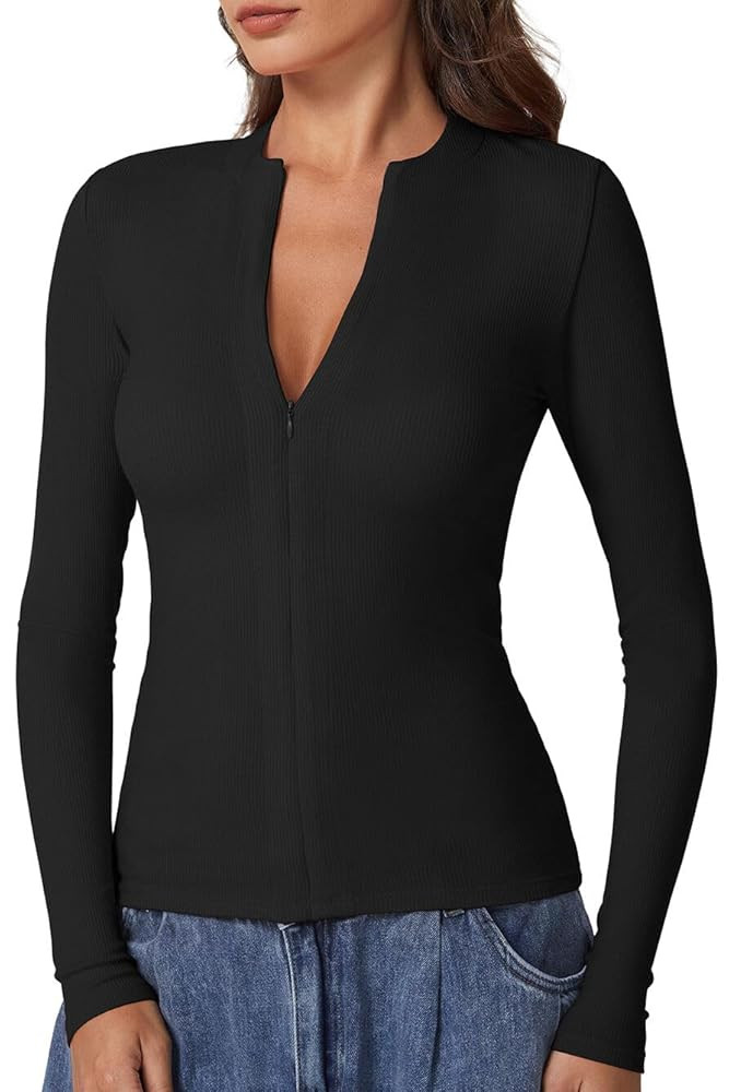 QINSEN Long Sleeve Shirts for Women Crewneck Half Zipper Ribbed Knit Going Out Tops Full Length B... | Amazon (US)
