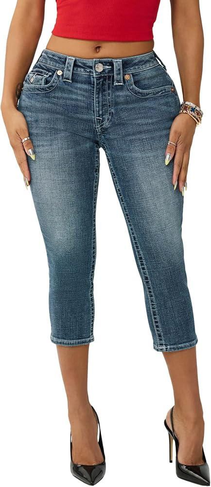 True Religion Women’s Jennie Mid Rise Skinny Capri Jeans – Medium Wash Denim with Flap Pocket... | Amazon (US)