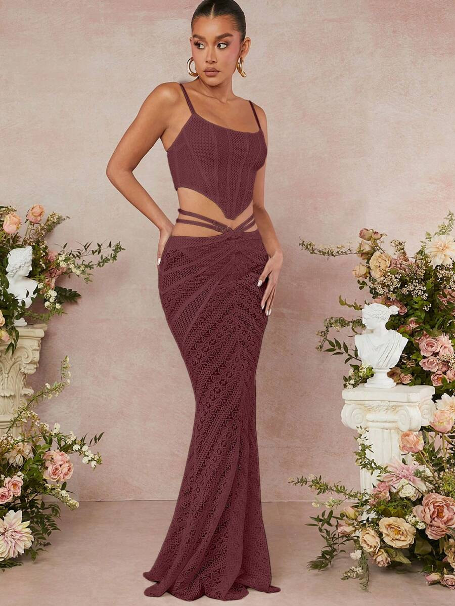 L'Amorae Lace Crop Top & Mermaid Hem Skirt Two Piece Set | SHEIN