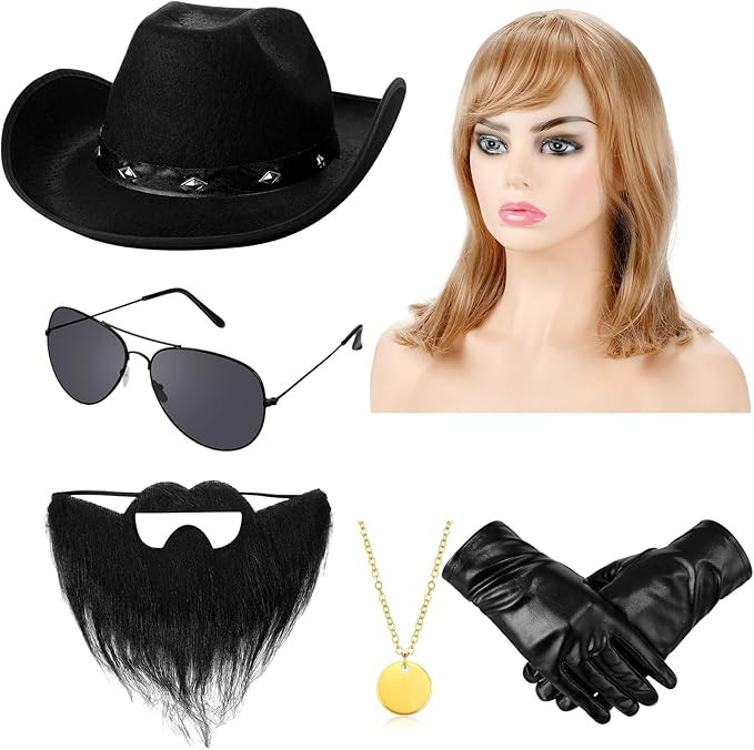 Mepase 6 Pcs Halloween Couple Costume Accessories Include Blonde Wig Cowboy Hat Fake Mustache Lea... | Amazon (US)