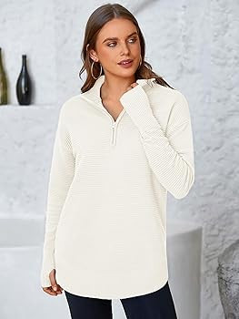 PRETTYGARDEN Womens Long Sleeve Quarter Zip Pullover Sweater Casual Loose V Neck Collared Ribbed ... | Amazon (US)