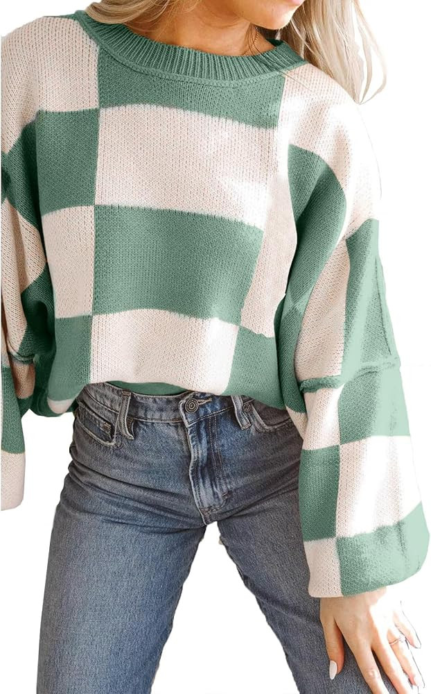 Women's Casual Crew-Neck Long Sleeve Sweater Checkered Pullover Knit Sweaters Jumper Top | Amazon (US)