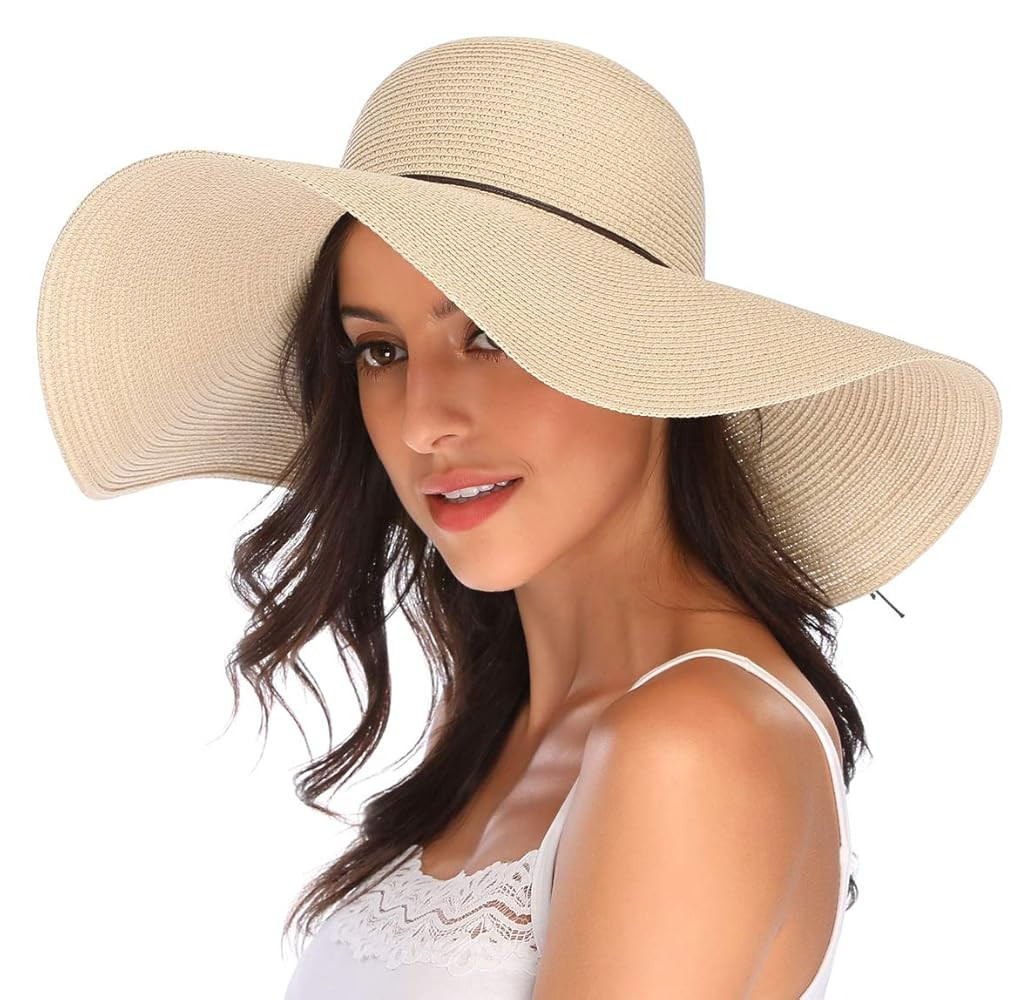 Lanzom Womens Wide Brim Straw Hat Big Floppy Foldable Roll up Cap Beach Sun Hat UPF 50+ | Amazon (US)