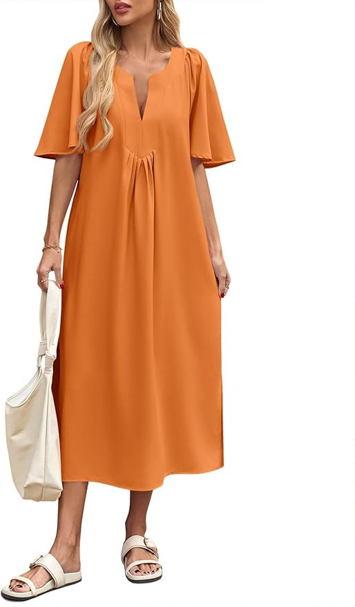 Wenrine Womens Flutter Short Sleeve Maxi Dress Casual V Neck Side Slit Pleated Loose Flowy Summer... | Amazon (US)