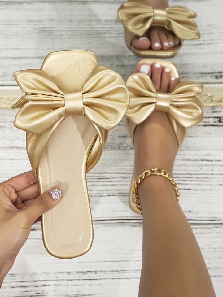 Women Metallic Bow Decor Open Toe Slide Sandals, Glamorous Summer Outdoor Flat Sandals | SHEIN