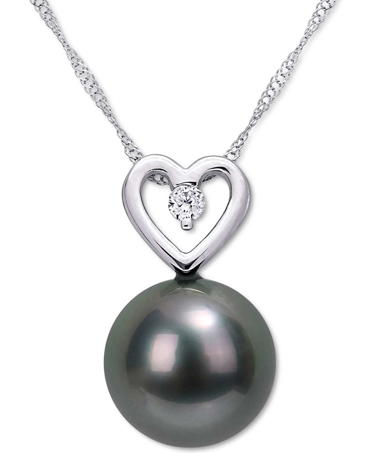 Black Cultured Tahitian Pearl (9-1/2mm) & Diamond (1/20 ct. t.w.) Heart 17" Pendant Necklace in 10k White Gold - Black | Macy's
