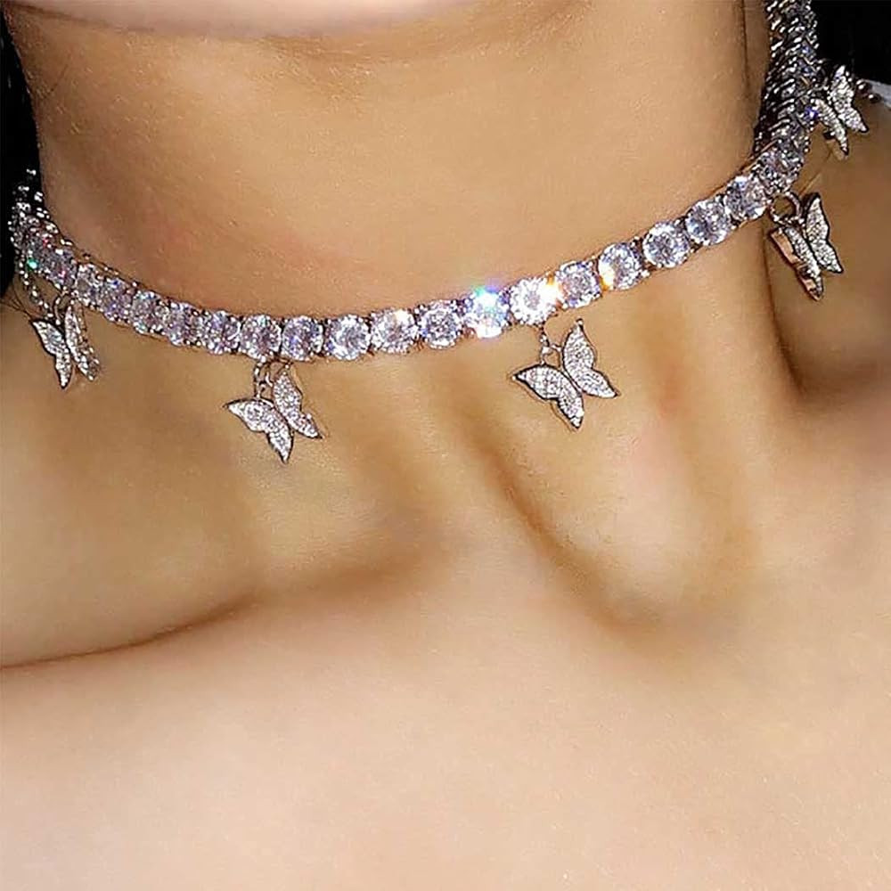 Rhinestone Choker Necklace Butterfly Pendant Necklaces Chain Sparkly Tennis Necklace Fashion Part... | Amazon (US)