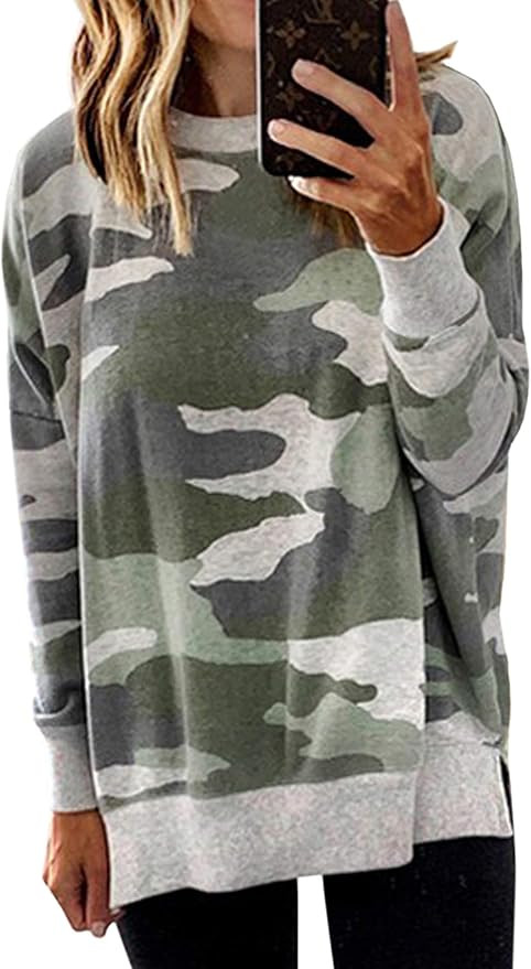 ECOWISH Women Side Split Sweatshirt: Fall Crewneck Long Sleeve Oversized Camo Shirts Casual Camou... | Amazon (US)