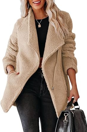 Dokotoo Womens Coats Lapel Collar Long Sleeve Asymmetric Zipper Fuzzy Fleece Jackets with Pockets | Amazon (US)
