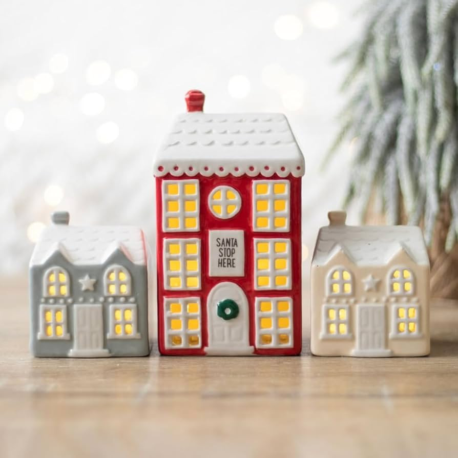 Ceramic Christmas Village Houses with LED Lights, Set of 3, H13.5cm x W19.5cm x D6.5cm | Amazon (UK)