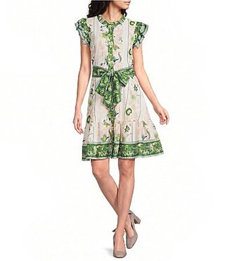 A Loves A Floral Pattern Jewel Neck Ruffle Sleeve Button Front Woven Dress -  S | Dillard's