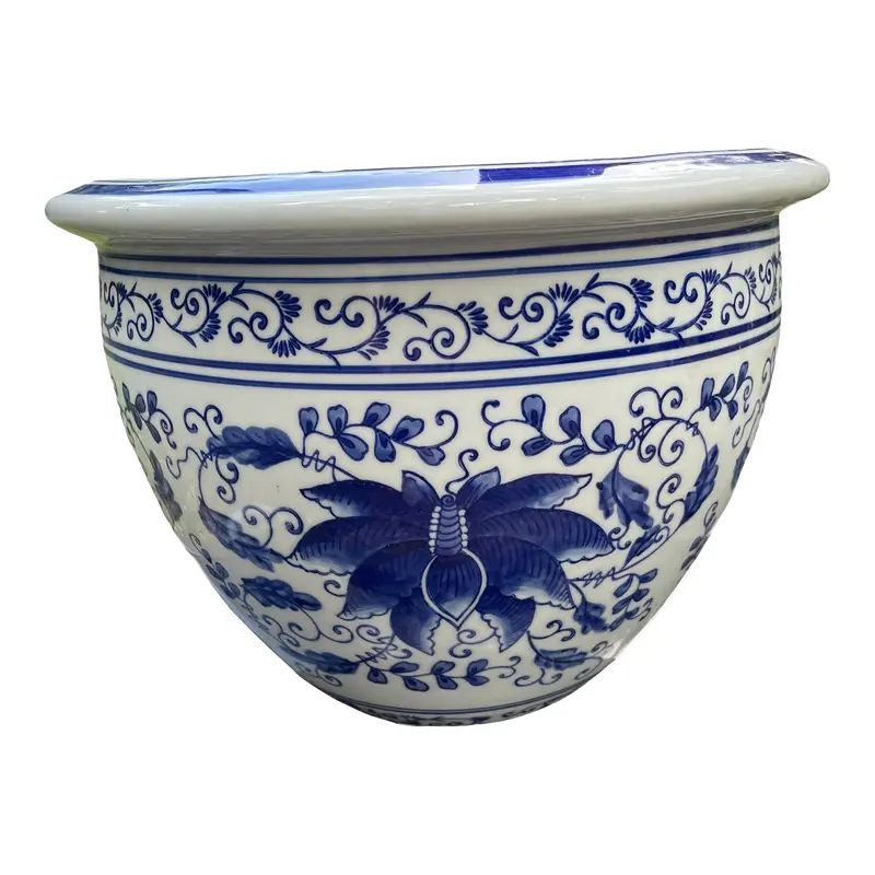 Blue and White Chinoiserie Asian Indoor/Outdoor Ceramic Planter | Chairish