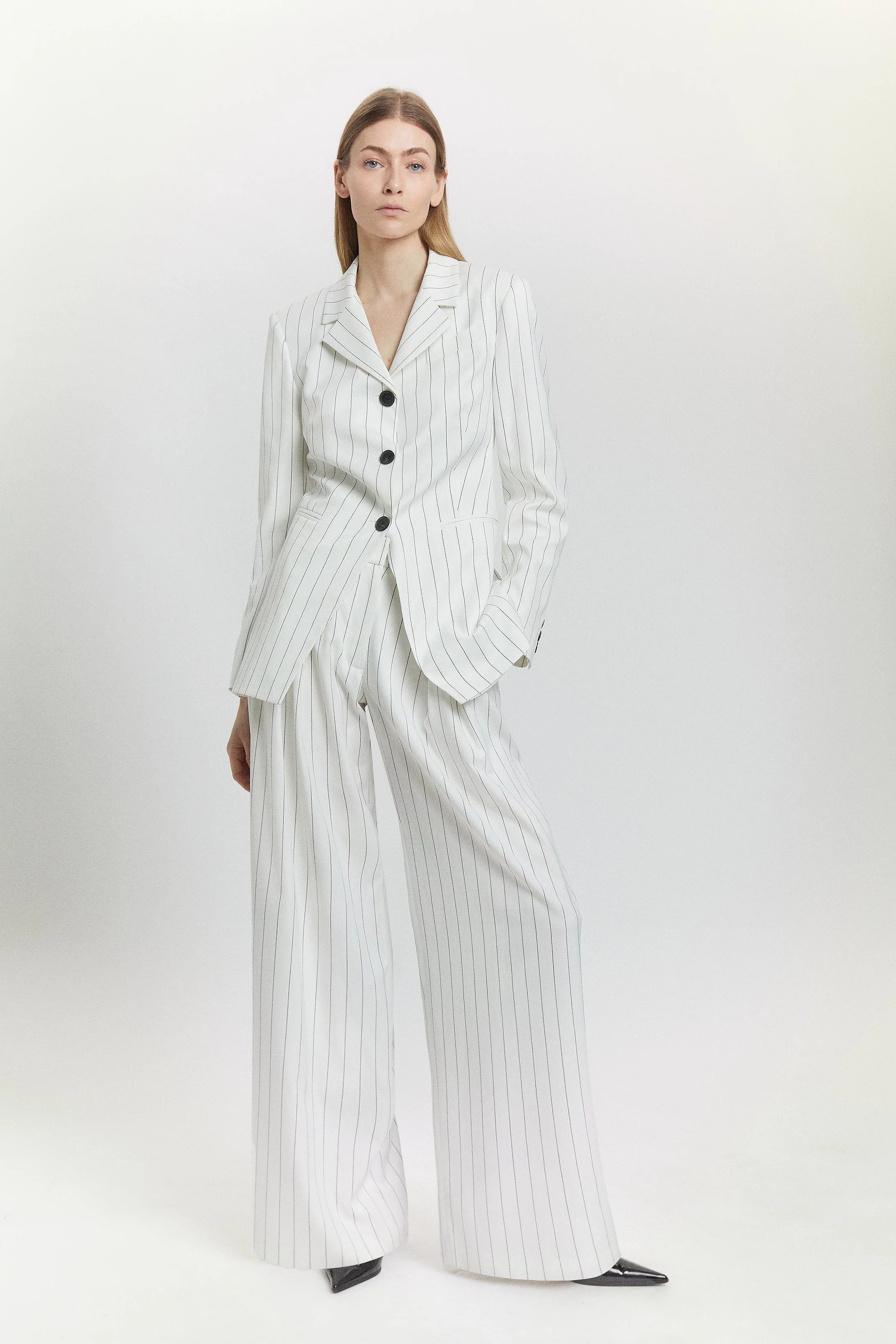 Pinstripe Low Waist Wide Leg Trousers | Karen Millen UK + IE + DE + NL