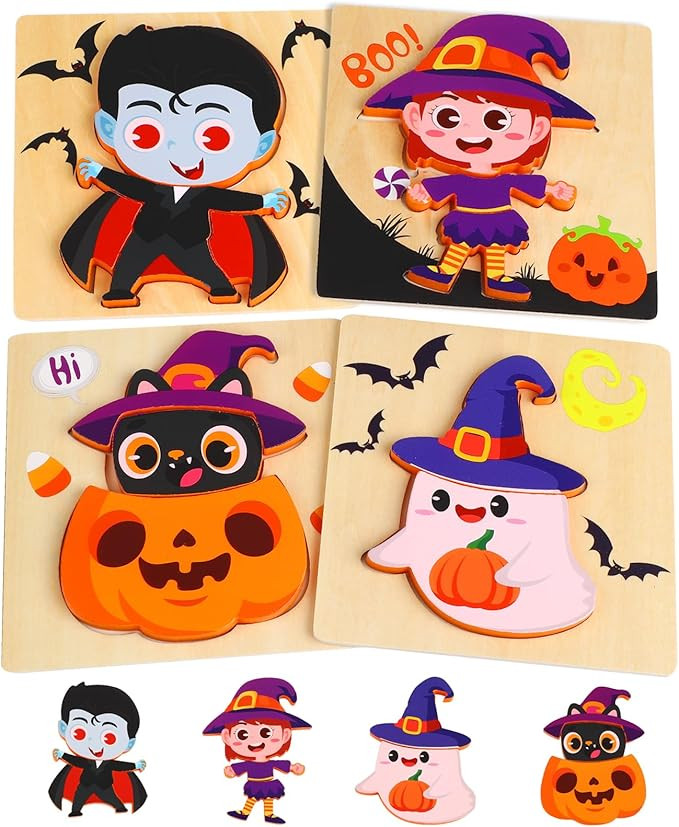 KIMOBER 4 Pack Halloween Wooden Puzzles,Ghost Witch Pumpkin Cat Monster Wooden Jigsaw Toys for Ki... | Amazon (US)