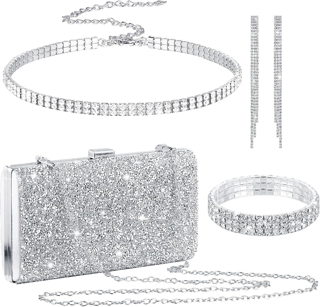 Kigeli 4 Pieces Women Rhinestone Evening Clutch Bag Bling Earring Necklace Bracelet for Wedding G... | Amazon (US)