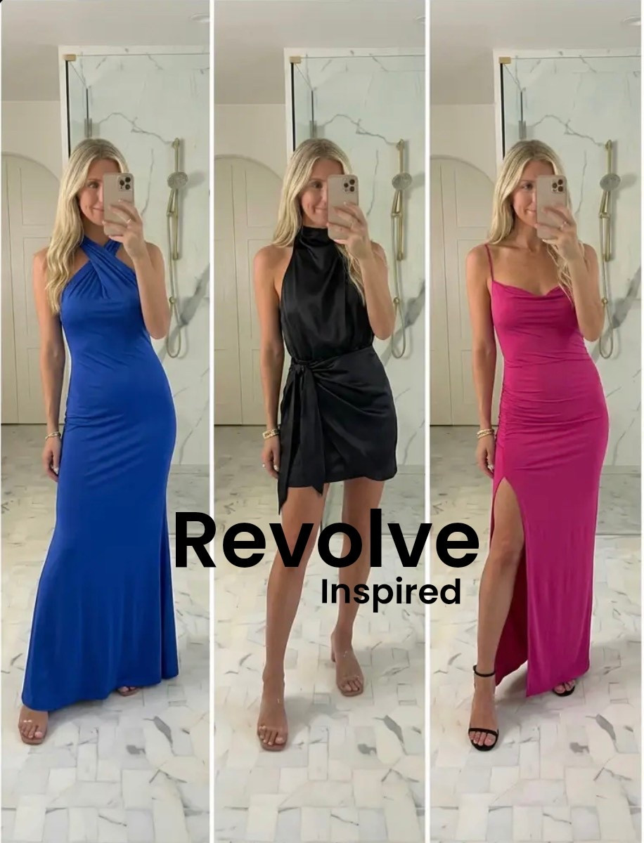 A sleek, modern bathroom mirror-selfie collage featuring three elegant evening dresses worn by the same woman. Soft neutral lighting, white marble flooring, minimalist spa-inspired background. Look 1: cobalt blue floor-length gown with asymmetrical halter neckline and body-skimming silhouette, timeless and refined. Look 2: black halter-neck mini dress with wrap tie detail and subtle draping, chic and sophisticated cocktail style. Look 3: deep pink fitted maxi dress with delicate straps and high side slit, feminine and sultry evening look. Polished styling, minimal gold jewelry, neutral heels, cohesive editorial Pinterest layout, high-resolution fashion influencer aesthetic, no text.

Hashtags:
#eveningwear #datenightoutfit #cocktaildress #formalstyle #pinterestfashion #elegantstyle #weddingguestdress #littleblackdress #maxidress #chicstyle #effortlessglam #nightoutlook #fashioninspo #ootdinspo #trendystyle

#LTKGiftGuide #LTKSeasonal #LTKActive