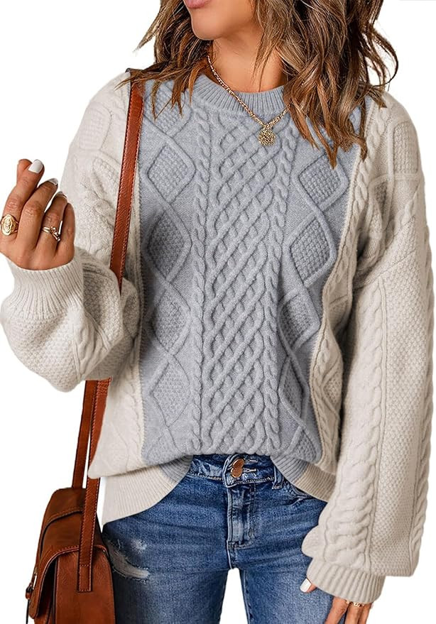 Dokotoo Womens Fashion Fall Sweaters Color Block Round Neck Womens Sweater Chunky Cable Knit Cute... | Amazon (US)