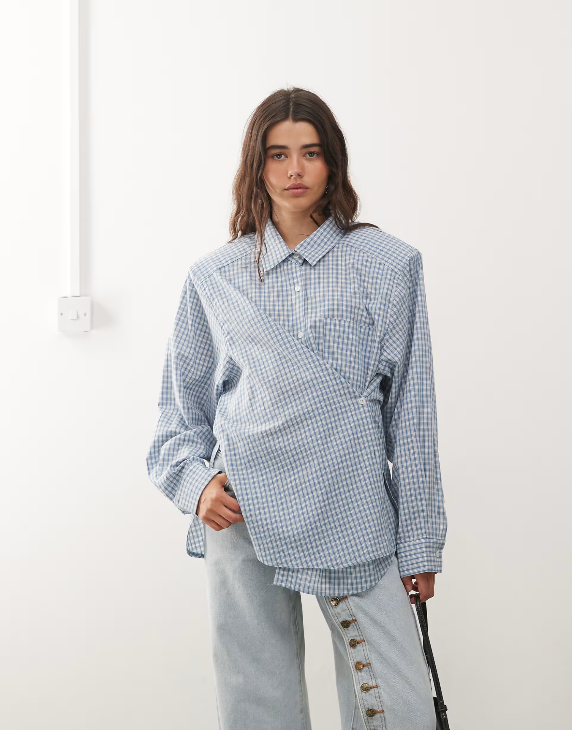 Lioness Notting Hill oversized shoulder pad detail multiway button front shirt in baby blue check... | ASOS (Global)