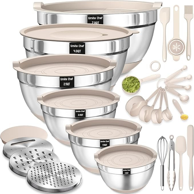 Mixing Bowls with Airtight Lids Set, 26PCS Stainless Steel Khaki Bowls with Grater Attachments, N... | Amazon (US)