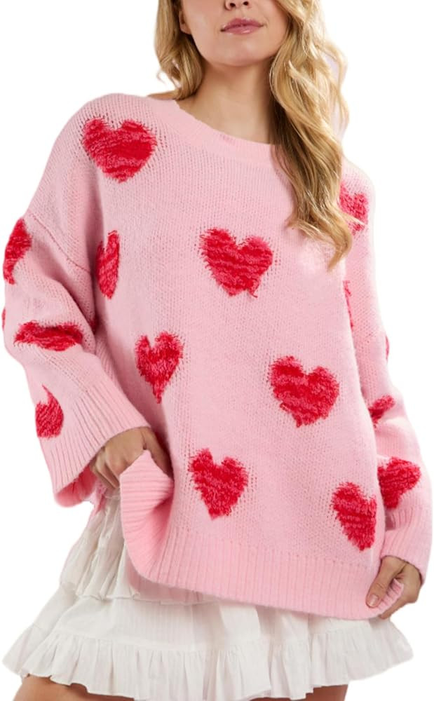 Cute Pink Heart Sweater for Women Knitted Love Sweaters Tops Holiday Outfits Crewneck Long Sleeve... | Amazon (US)