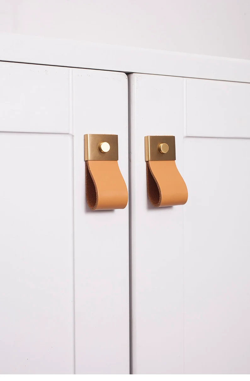 Nordic Light Luxury Style Leather Pull Handle Brass Wardrobe Door Drawer Small Pull Handle | Etsy (US)