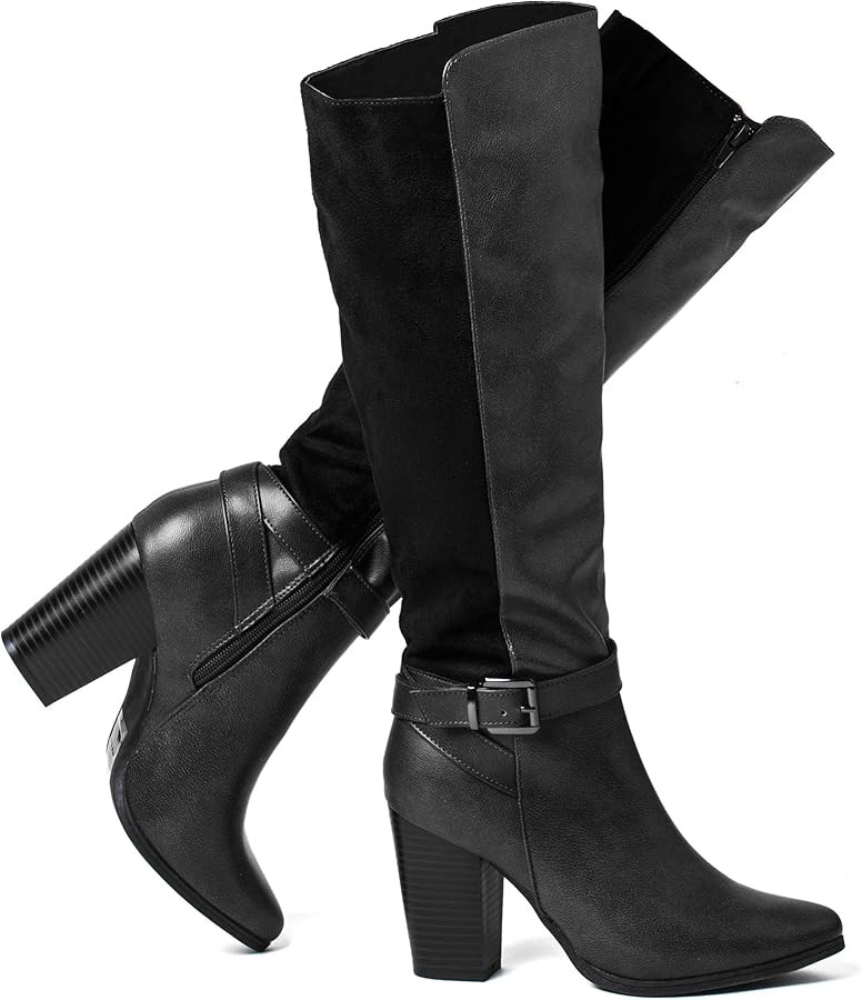 Women's Heeled Knee High Boots Zip Up Chunky Heeled Boots Tall Boots for Women | Amazon (CA)