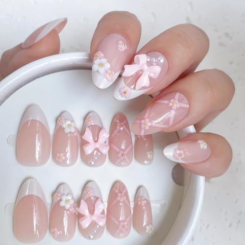 VELINNA Coquette Bow Press-On Nails, 24pcs Blush Pink French Tip Almond Fake Nails with 3D Bow & Pearls, Medium Length Reusable Glue-On Nails Kit for Wedding, Prom & Date | Amazon (US)