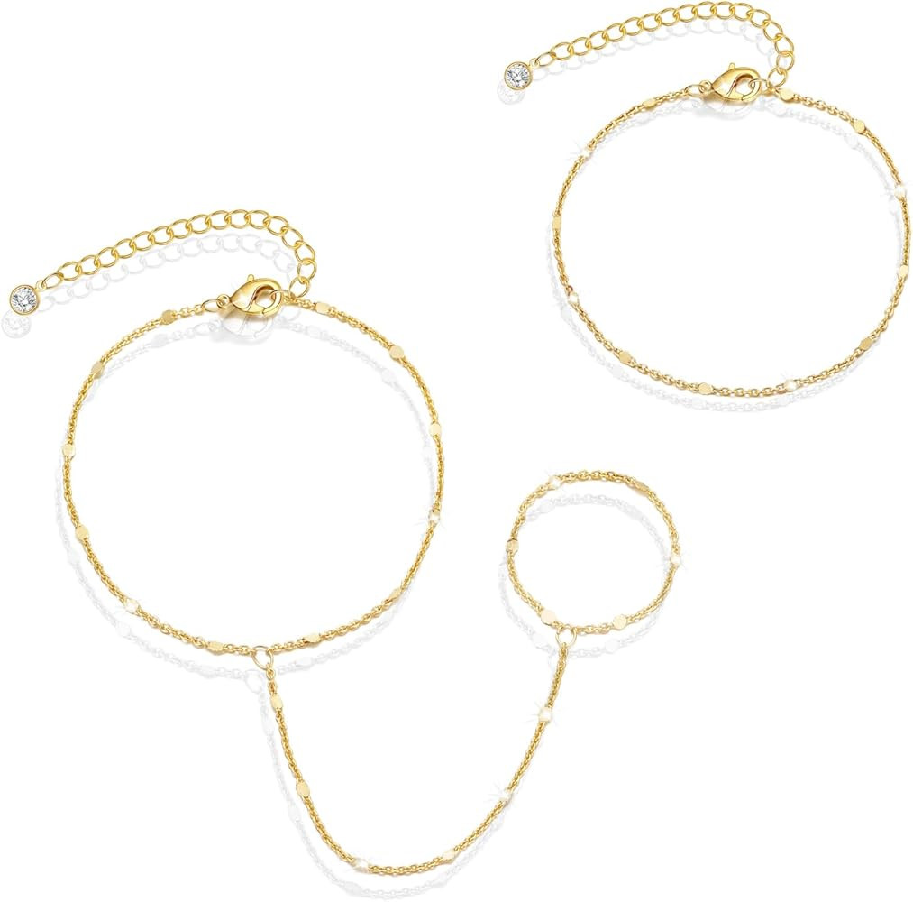 Bracelets for Women 14K Gold Silver Plated Ring Bracelet Hand Chain Dainty Evil Eye Heart Clover ... | Amazon (US)