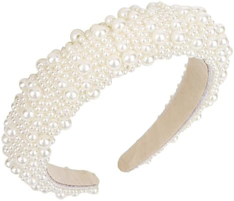 YISSION 1PC White Pearl Headband for Women Jeweled Head Band Beaded Hairband Fashion Padded Headb... | Amazon (US)
