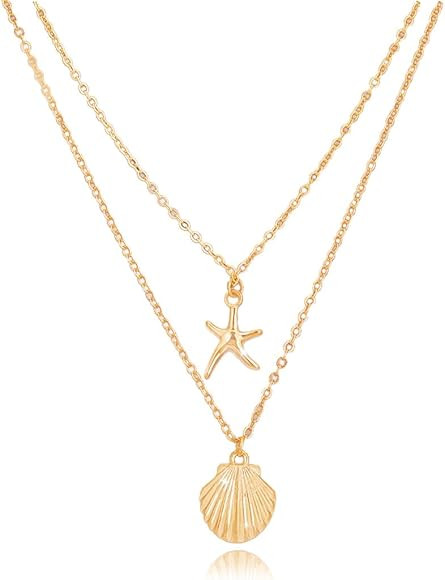 Tgirls Boho Layered Starfish Necklace Seashell Pendant Necklaces Chain for Women | Amazon (US)