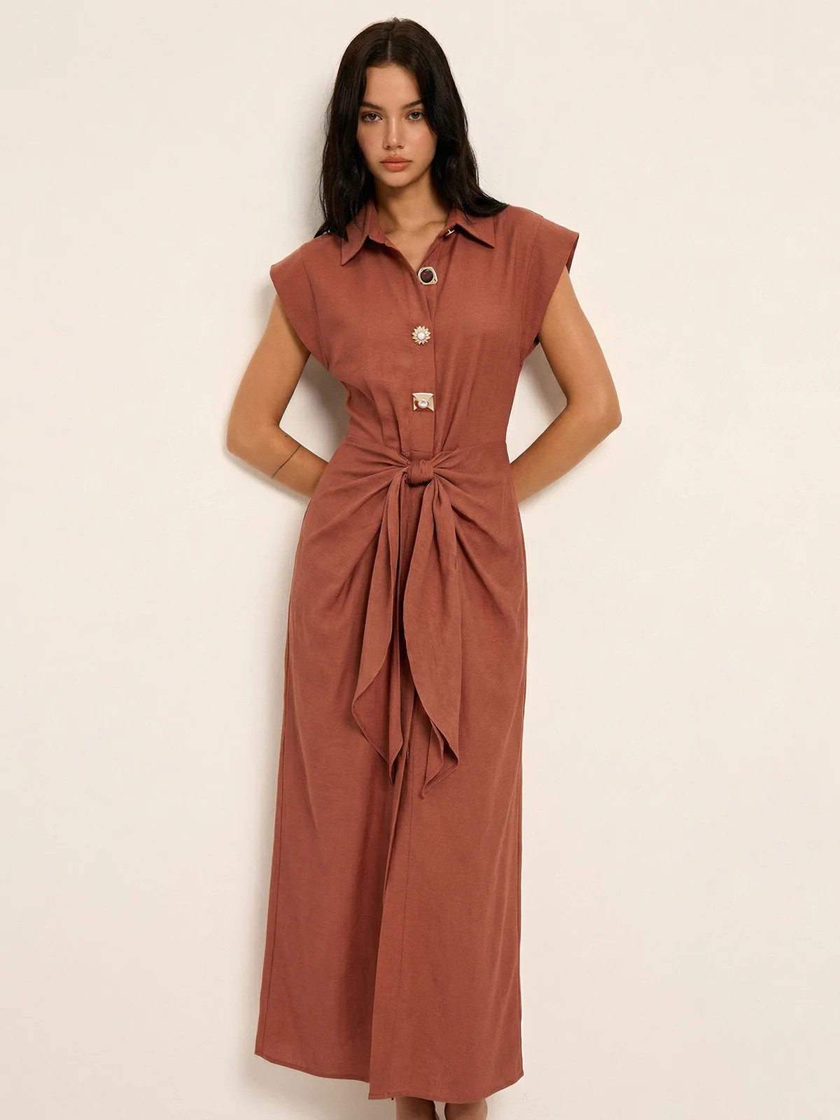 Tie Waist Collared Sleeveless Maxi Dress | Commense