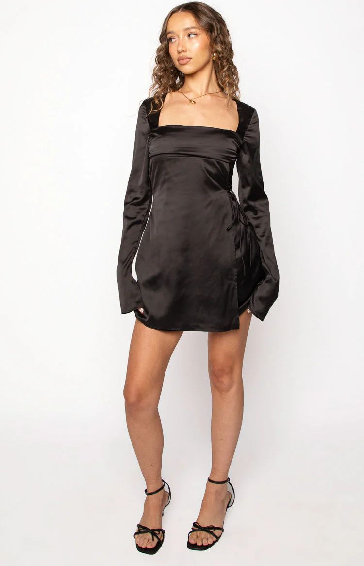 Lucy Black Satin Long Sleeve Mini Dress | Beginning Boutique (US)