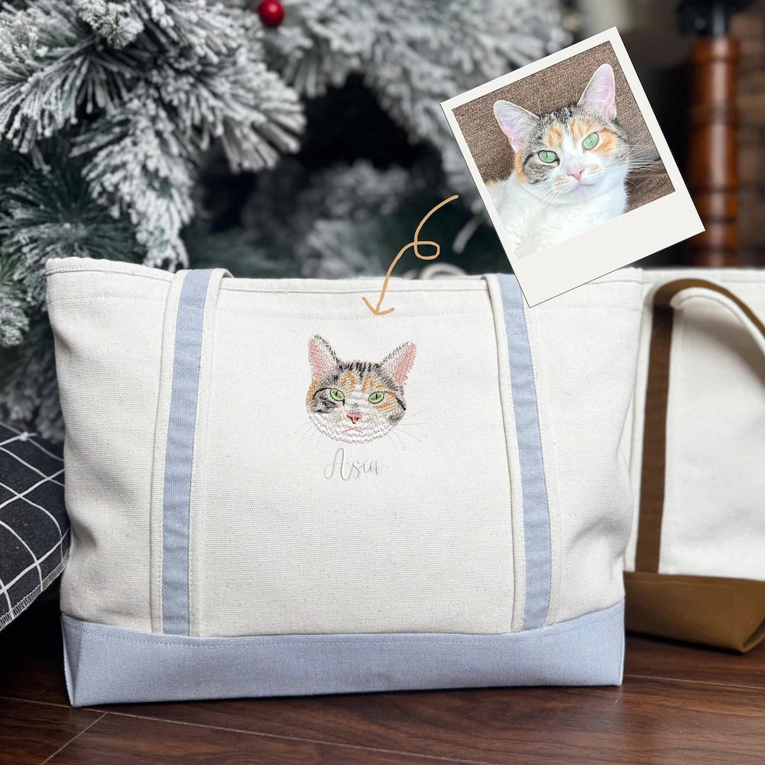 Custom Pet Face Embroidered Canvas Tote Bag, Pet Portrait Embroidered Bag, Dog Mom Bag, Christmas... | Etsy (US)