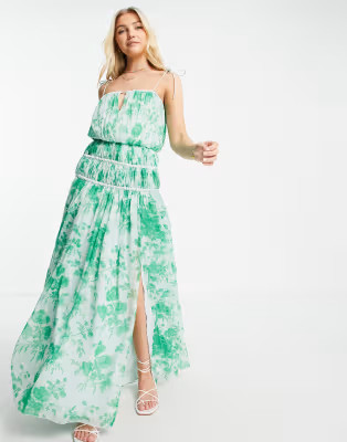 ASOS DESIGN strappy maxi dress with ruched channel detail and tie straps in green floral | ASOS | ASOS (Global)