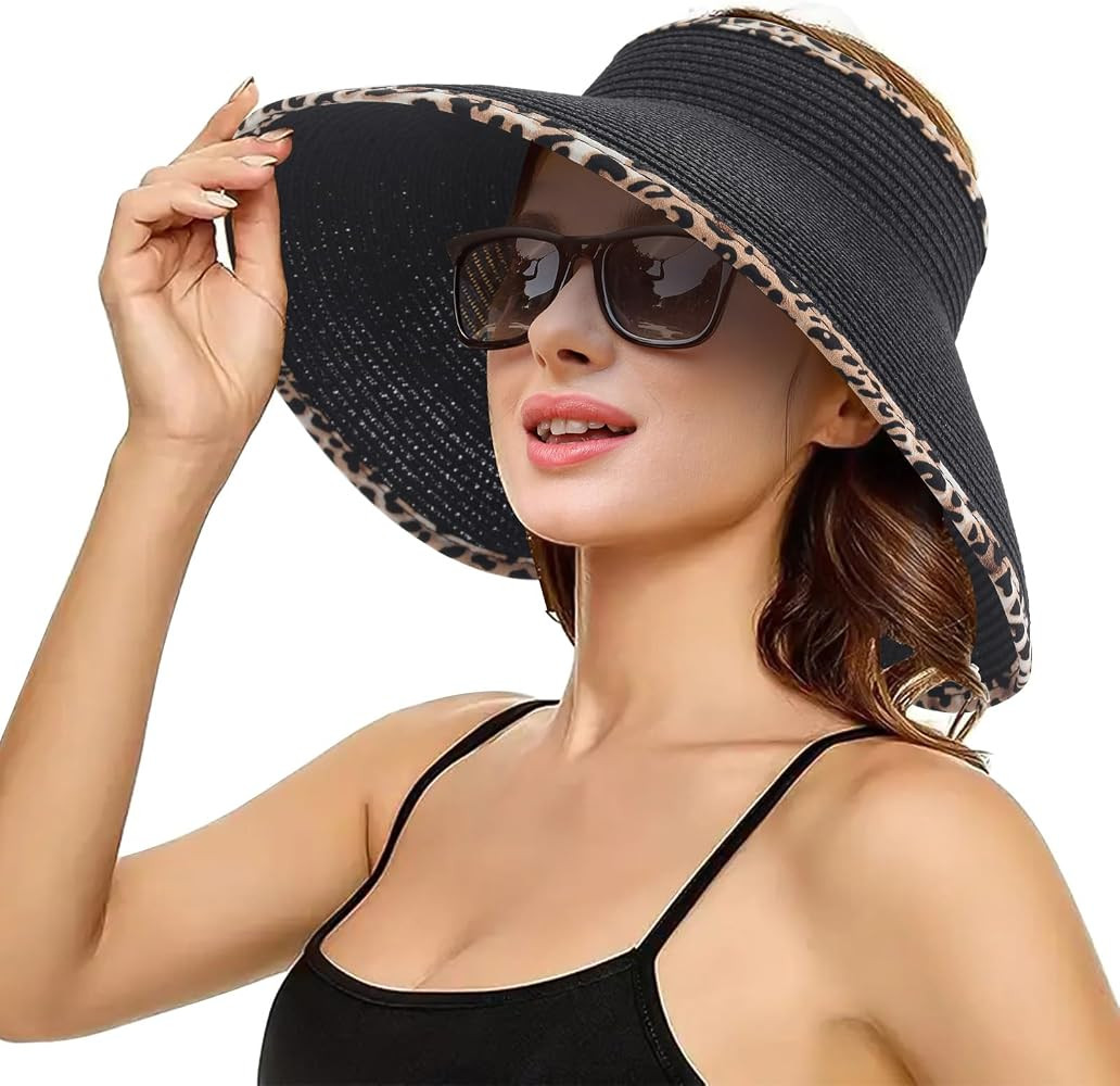Sun Visor Hat for Women, Wide Brim Straw Summer UV Protection Hat, Foldable Roll-up Packable Beac... | Amazon (US)