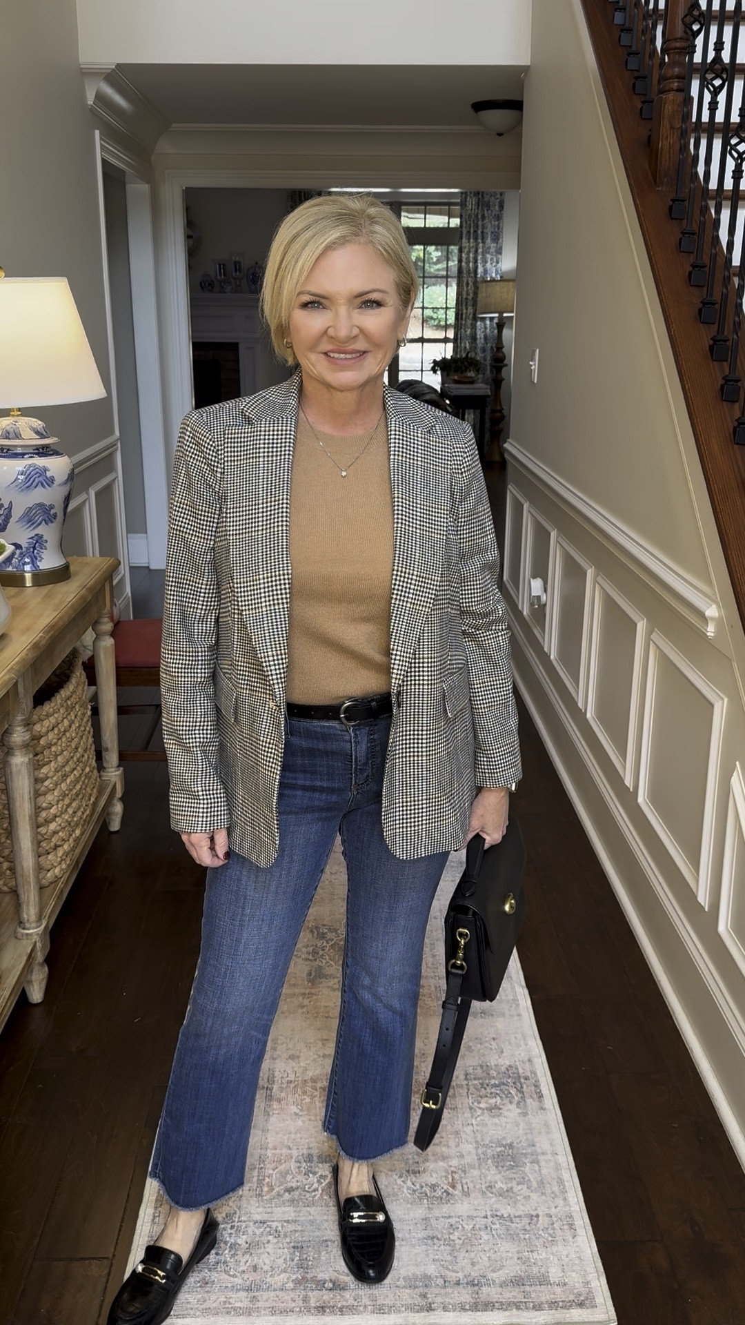 Casual jeans travel outfit.  Plaid blazer, cashmere tee, Chico's jeans, Coach bag.  Wearing Small blazer & tee, 00 jeans  

#LTKWatchNow #LTKTravel #LTKStyleTip