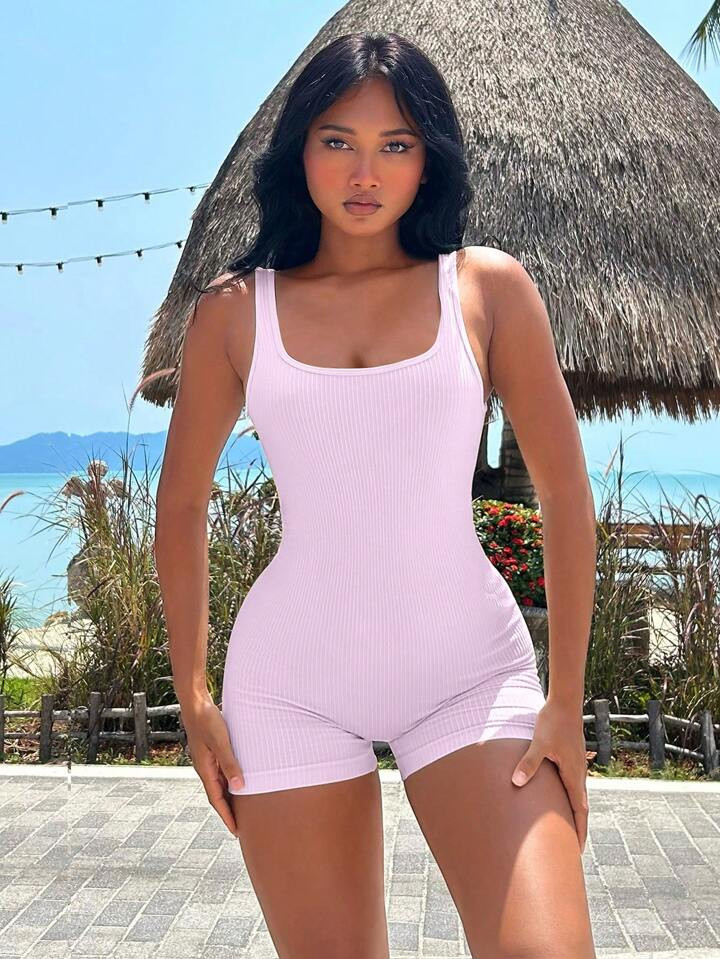 Solid Ribbed Knit Sports Romper | SHEIN