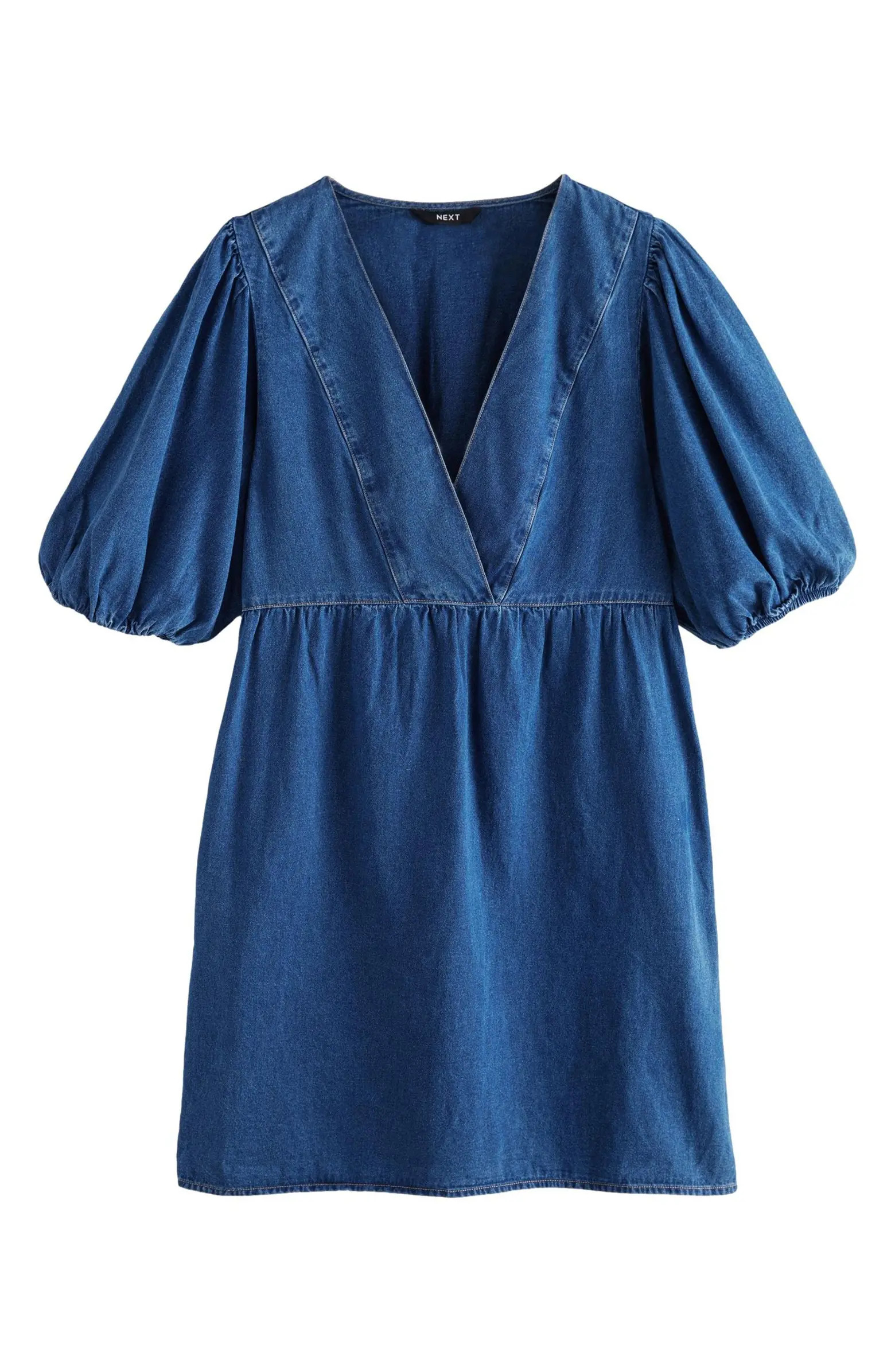 NEXT V-Neck Puff Sleeve Denim Minidress with Pockets | Nordstrom | Nordstrom